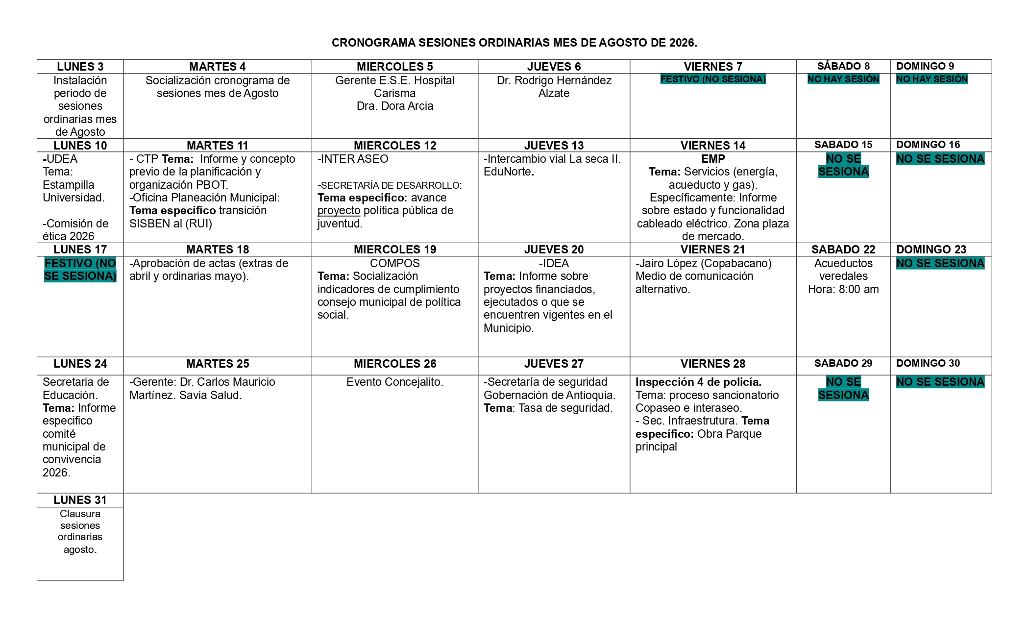 Cronograma de Sesiones Ordinarias - Agosto de 2026